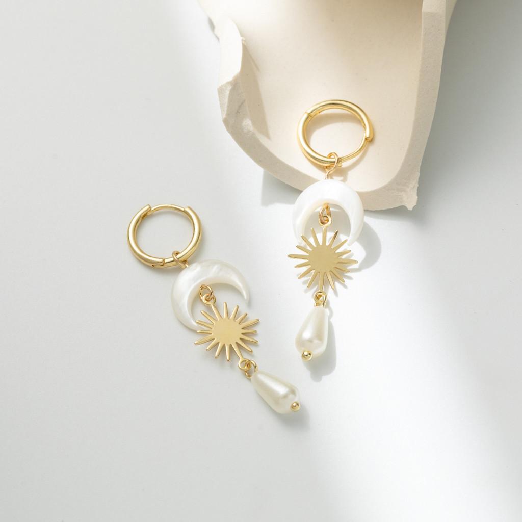 Plated Sophisticated Gold Moon Teardrop Earrings With Natural Shell