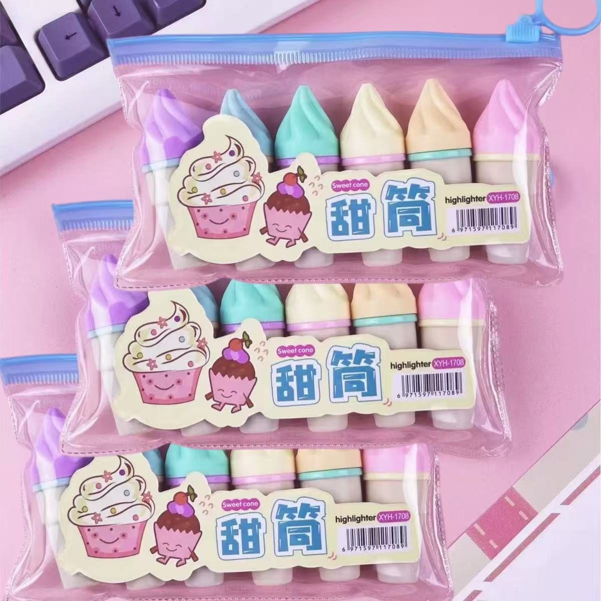 

6pcs Mini Sweet Cone Shaped Fluorescent Highlighter, Portable Marker Pen, Chisel tip