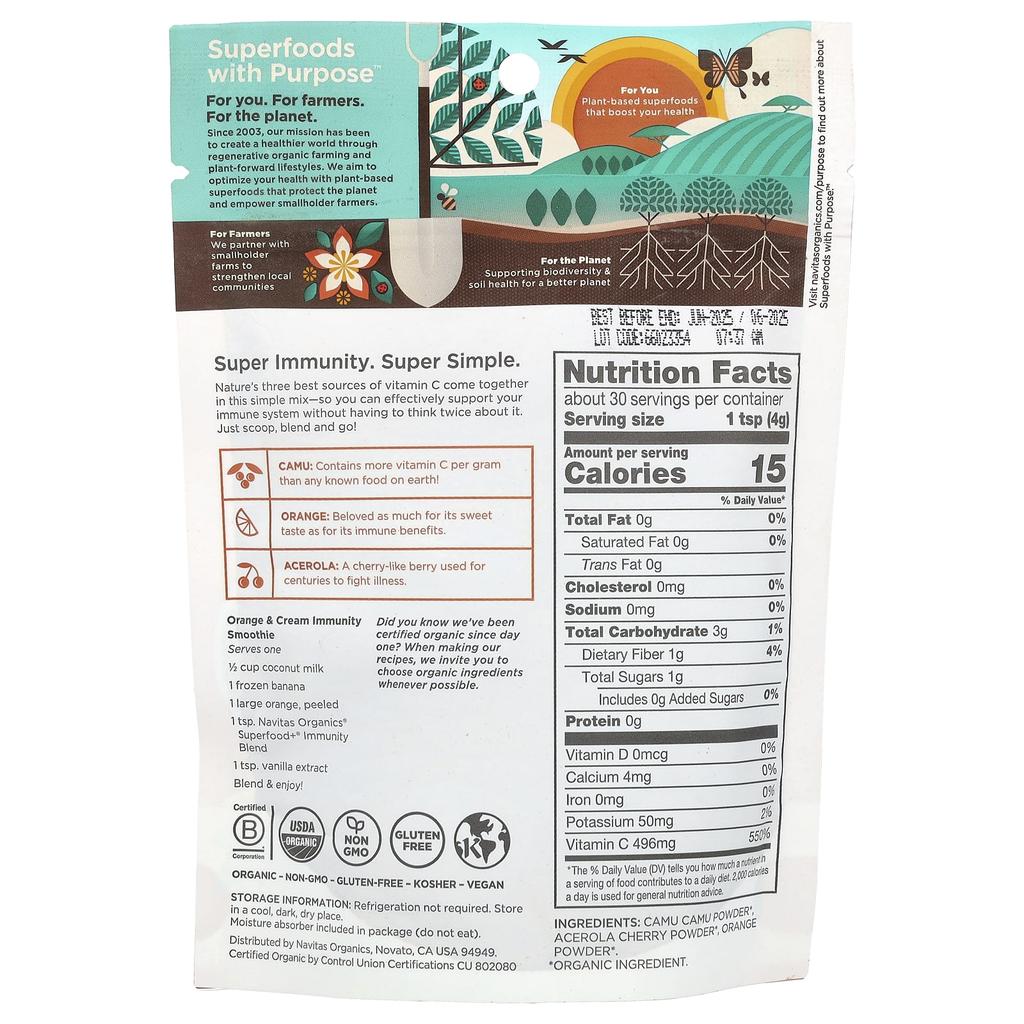 Navitas Organics Organic Superfood+ Immune Blend, Mocna witamina C, Camu + Pomarańcza + Wiśnia Acerola, 4,2 uncji (120 gramów)