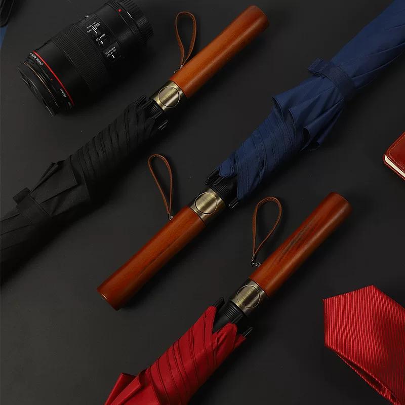 New Vintage Solid Wood Long-Handle Umbrella, Business 8-Rib Men's Double Black-Coated Sun and Rain Umbrella, Customizable with Engraving and