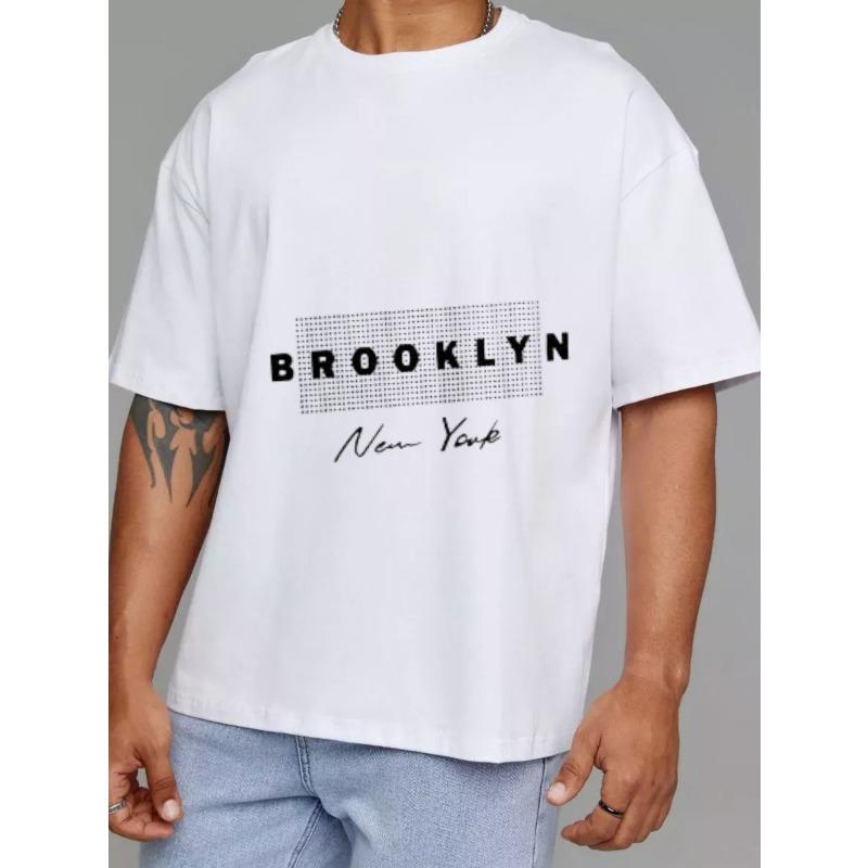 Crewneck T Shirt White Brooklyn New York Graphic Print Casual Streetwear Men's Fashion Top