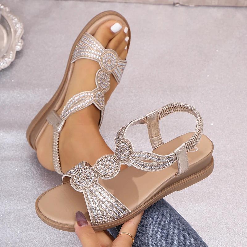 Fashion Bohemian Wedge Sandals for Women Summer 2025 Fashion Rhinestone Decor Walking Sandals Woman Comfort Non Slip Outdoor Beach Shoes
