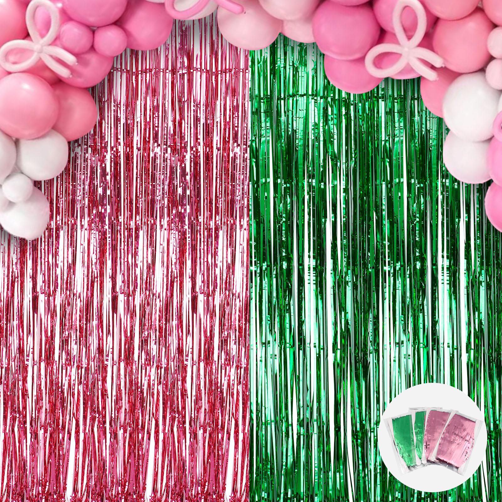 

4 Pack 3.28 X 8.2 Ft Green And Pink Tinsel Foil Fringe Curtain Glitter Streamers Backdrop Party Decoration For Wicked Themed Par
