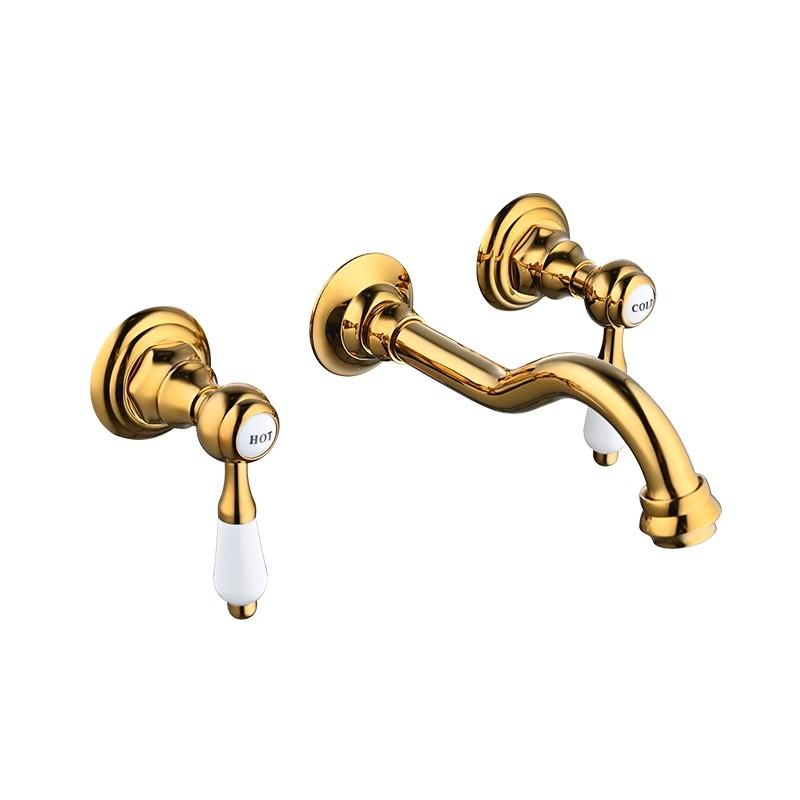 Classical Basin Faucets Gold Bathroom Sink Faucets Hot Cold Wall Mounted Ceramic Handle Mixer Water Tap Top High Quality