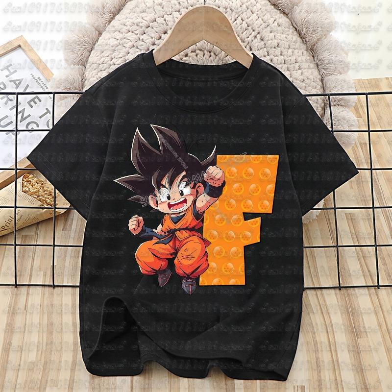 Dragon Ball Goku T-shirt Cotton Children A-Z Letter Tee Top Black Round Collar Clothing Boys Girl Summer Short Sleeve Kids