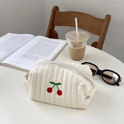 Cotton Cosmetic Bag Portable Cute Cherry Embroidery Storage Bags Small Women Travel Zipper Makeup Pouch