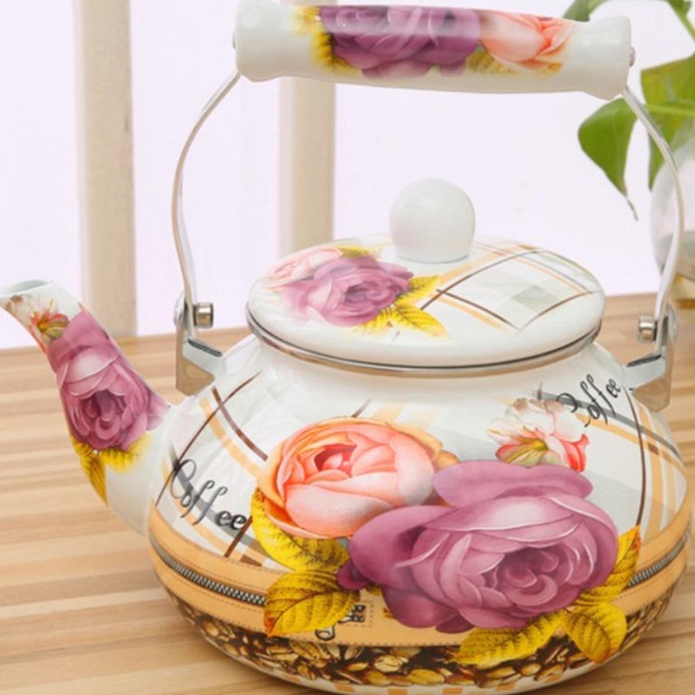 Thickened Chinese Style Enamel Teapot 2.5L Floral Enameled Tea Jug Pear-shaped Antiscald Handle Coffee Pot Gas Induction Cooker