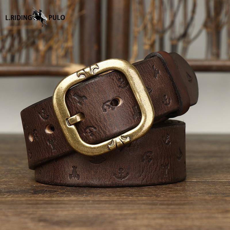Korean Style Personalized Machine Embossed Vegetable Tanned Belt Men's Genuine Leather Pure Cowhide Pin Buckle Belt