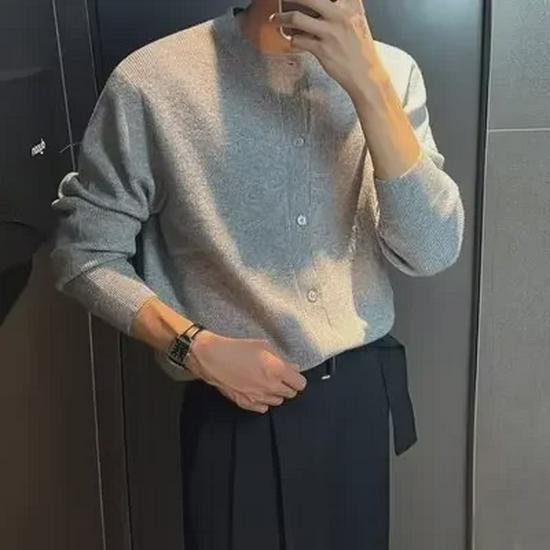 Pánský pletený kardigan - jarní, podzimní, zimní korejský módní svetr s kulatým výstřihem, ležérní styl, kolekce 2023