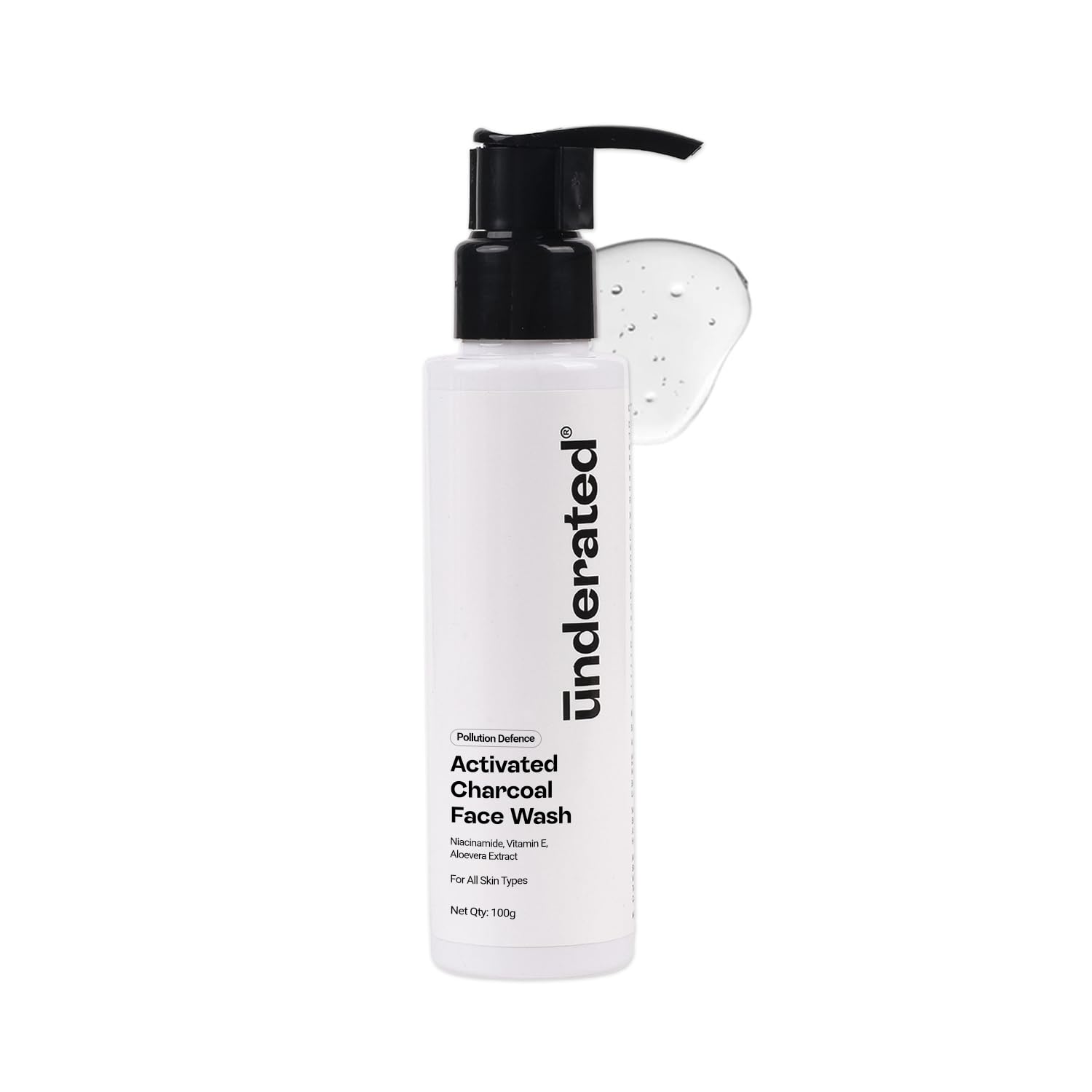 UNDERATED Activated Charcoal Pollution Defence Face Wash | Deep Cleansing & Oil Control | With Niacinamide, Vitamin E, & Aloe Vera Extract | Unclog