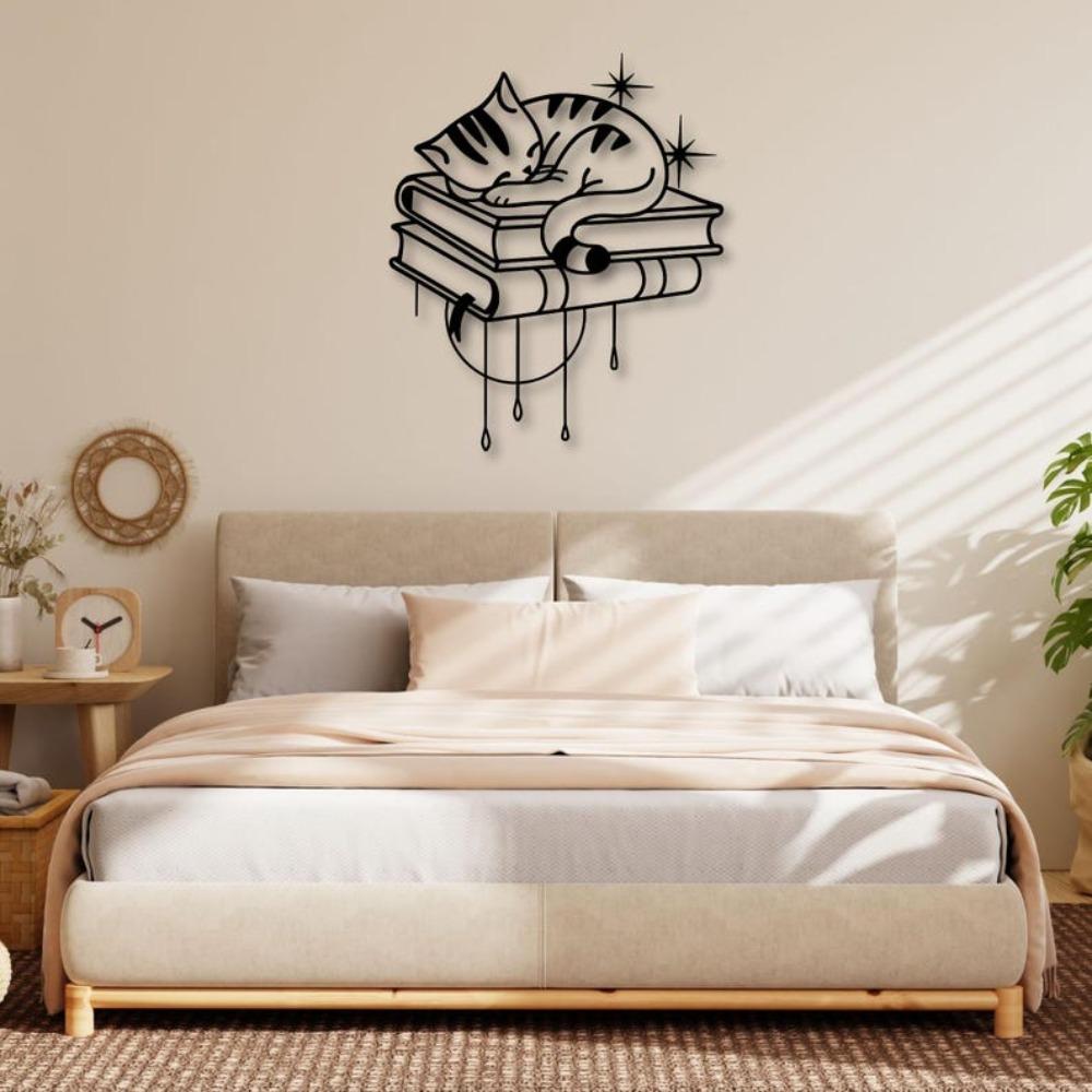 Sleeping Cat On Books Metal Wall Art Cat Lover Home Decor Cozy Reading Nook Sign Minimalist Feline Silhouette