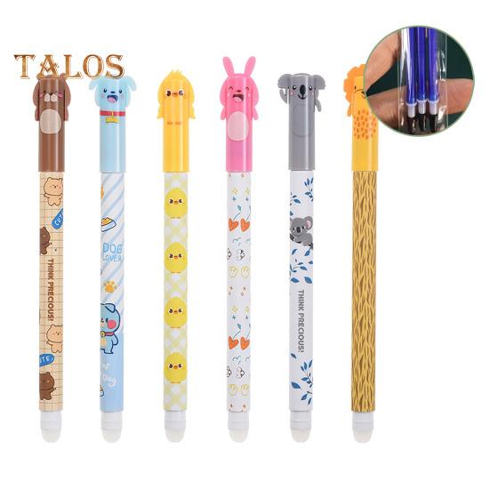 6 Pcs Erasable Gel Pens Cartoon Animal Rollerball Gel Pens 0.5mm Blue/Black Ink Erasable Ballpoint Pens for School Office Home Supplies