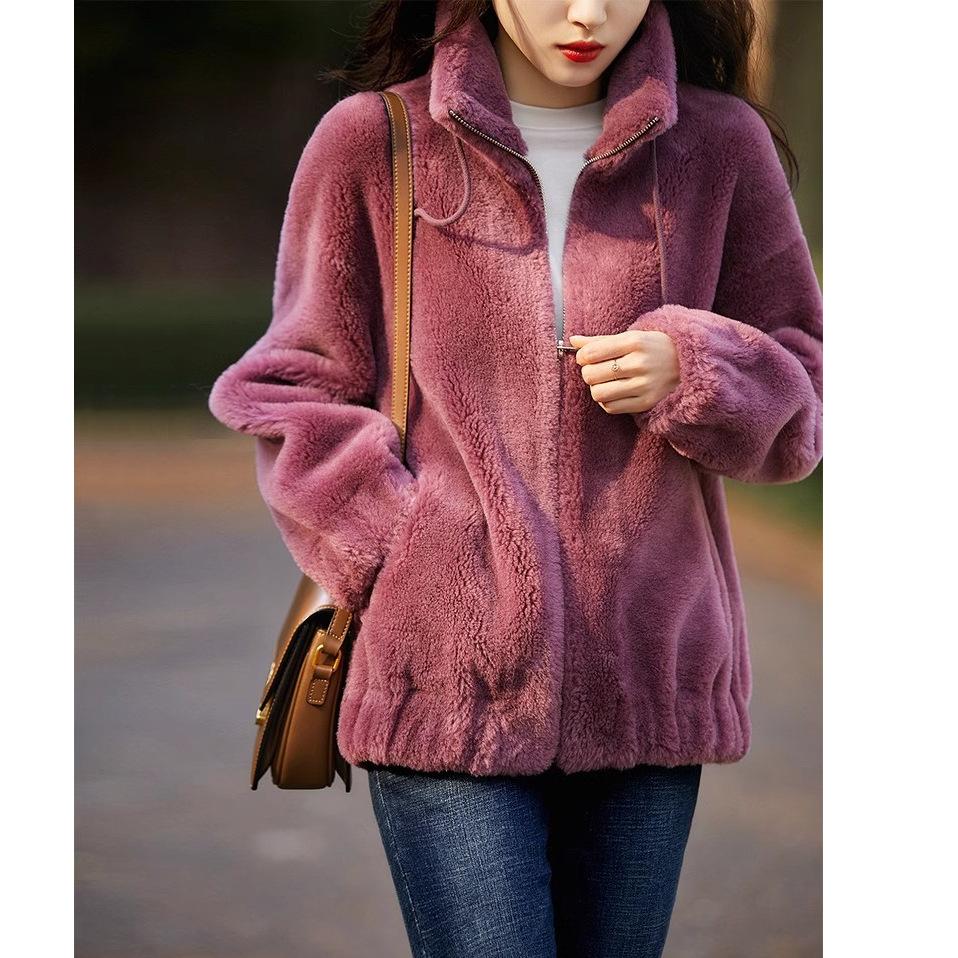 Double-sided Plush Women's Mid-length Loose Zipper Coat Hooded Thick Plush Coat for Women