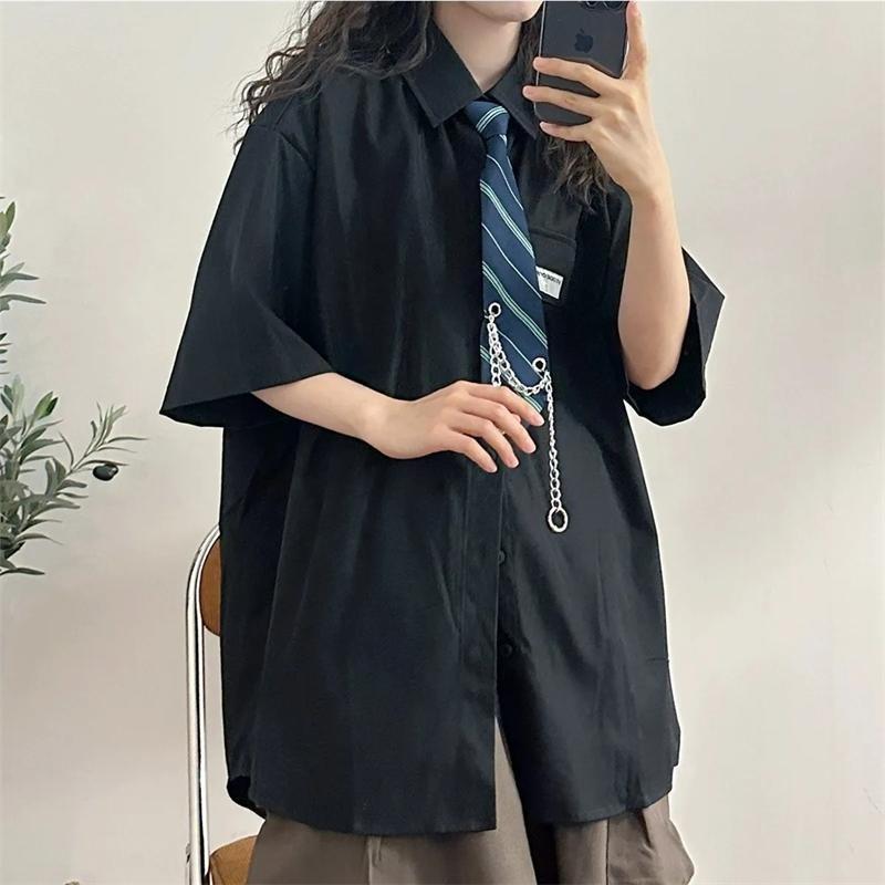 Camisa de Color liso con diseño de cadena y lazo, Blusa de manga corta para mujer, Blusas holgadas de estilo preppy para verano, vestido para parejas