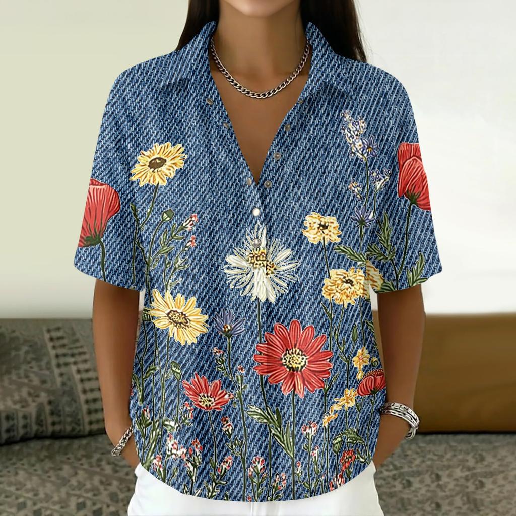 Women's Fashion Polo Collar Button Vintage Floral Print Loose Fit Short Sleeve T Shirt Linen Blend Casual Top