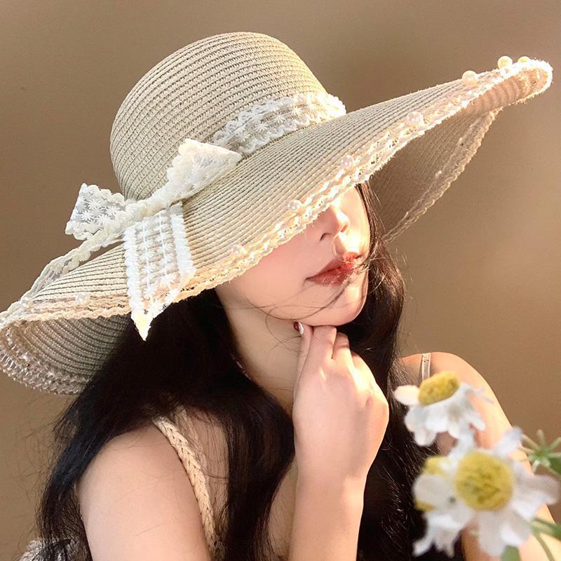 Lace Bow Straw Hat Women's Summer French Large Brim Sunscreen Hat Seaside Beach Vacation Sun Hat