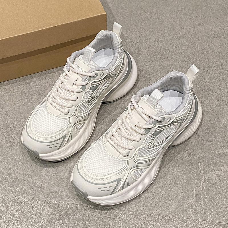 Fashion Sneakers Women Mesh Mixed Gray Round Toe Lace-up Thick Sole 2024 Spring Breathable Female Shoes Handmade