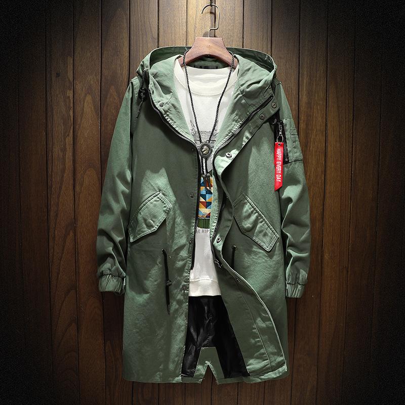 Długi trencz kurtka mężczyźni bawełna jesień wiosna czarny Hip Hop japońskie płaszcze Streetwear męska bluza z kapturem zieleń wojskowa kurtki okazjonalne