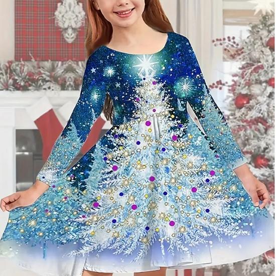 

Повседневное платье для девочки с принтом 3D рождественской елки, круглым вырезом и длинными рукавами, детское платье принцессы 150 синий