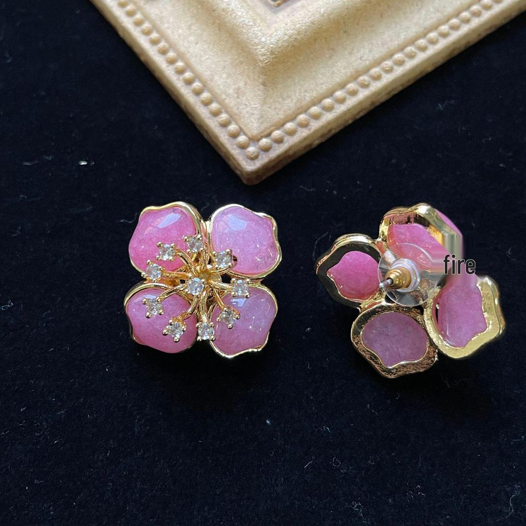Vintage Pink Stone 925 Silver Flower Ear Studs with Diamond Inlay for Women