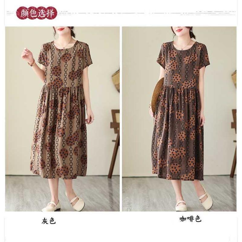 2025 Summer New Retro Literary Loose Round Neck Short Sleeve Midi Dresses