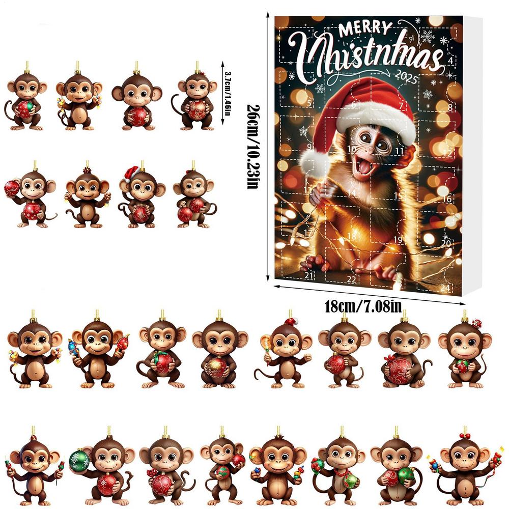 Christmas Countdown Calendar with Acrylic Monkey Pendants 2D Car Ornament 24-Day Advent Calendar for Holiday Offices Room