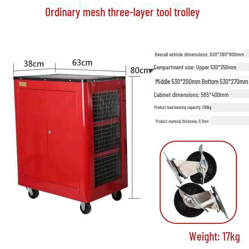 Movable Three-Layer Hand Cart: Multi-functional Auto Repair & Household Tool Box with Cabinet Door
