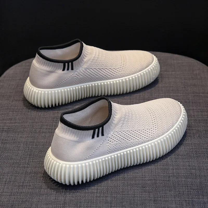 

Fashion Knitted Mesh Platform Single Shoes, Women s Large Size Sports Wind Round Head Fly-woven Foot Cover Lazy Loafers 35