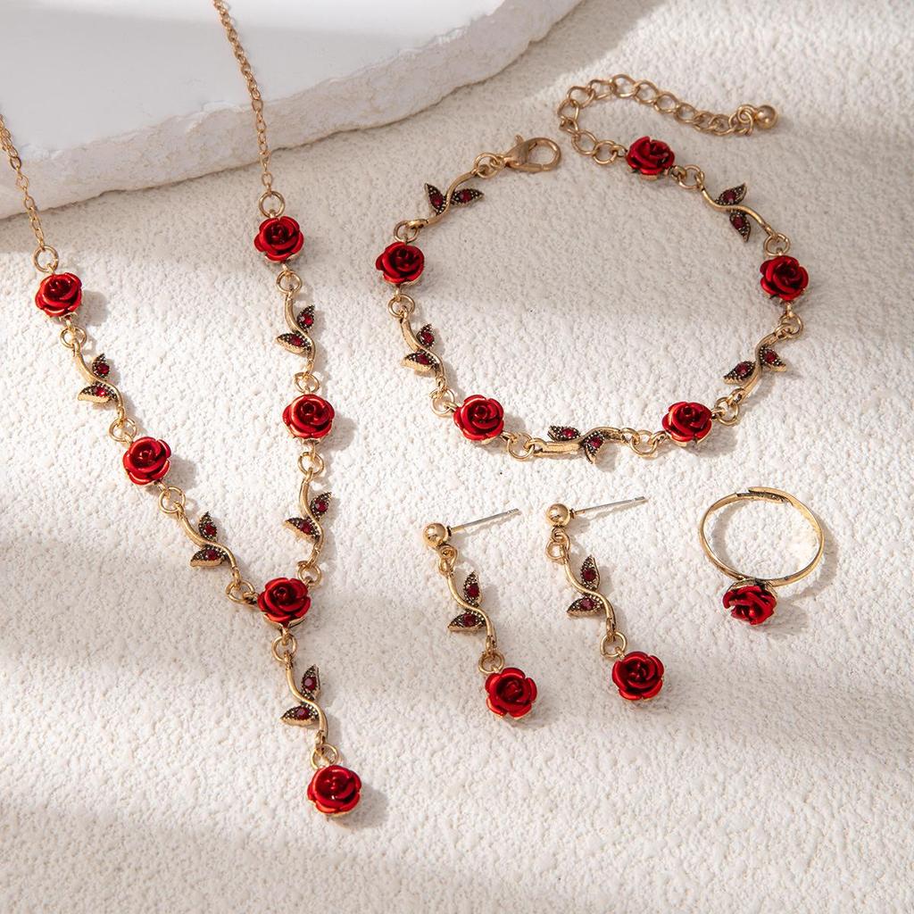 Elegant High-End Women's Retro Silver Fairy Jewelry Set: Black Knight Rose Earrings, Bracelet & Necklace