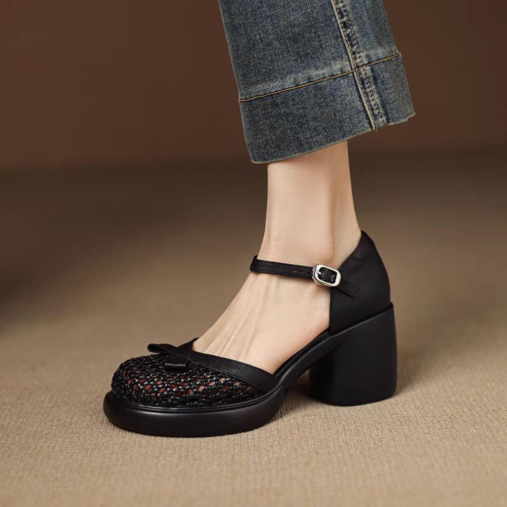2026 Summer Hollow French Style Ankle Strap Cow Leather Platform Sandals Women Covered Toe High Heels Solid Party Dating Sandals