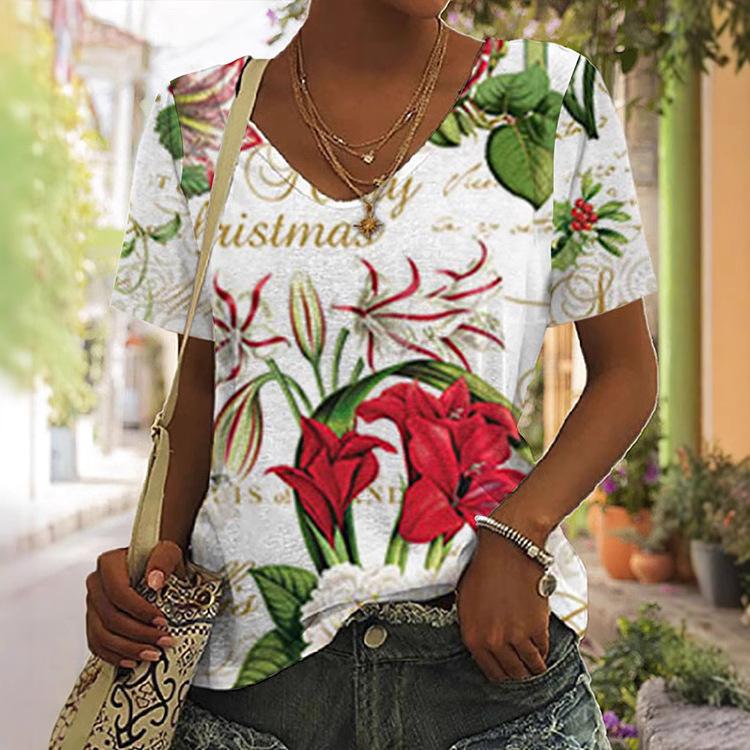 Summer Women's New Short Sleeved V-neck T-shirt Leisure Versatile Four Leaf Clover Fashionable Breathable Loose T-shirt