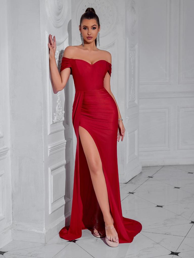 European and American Asymmetrical Neckline Slimming Dress with Slit - Elegant Ribbon Long Party Evening Wear
