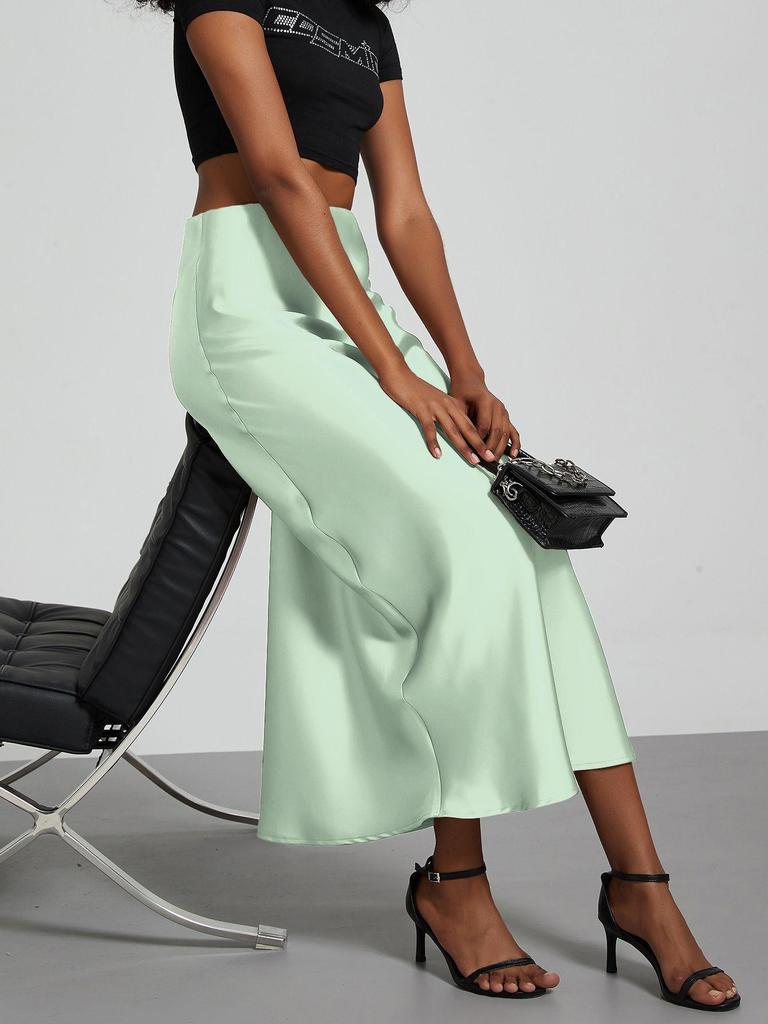Elegant European and American Style Women's Satin Midi Skirt – Smooth, Slim, and Silky Texture for Summer