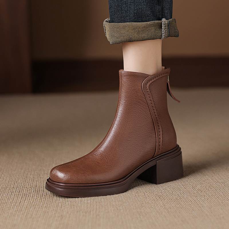 Krazing Pot Cow Skin Round Toe Thick Heels Chelsea Boots Size 42 Back Zip Women Keep Warm Ankle Boots