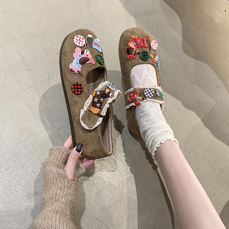 Cute Pink Cartoon Platform Mary Shoes Women's Spring New Single Shoes Velcro One Pedal College Style Flats
