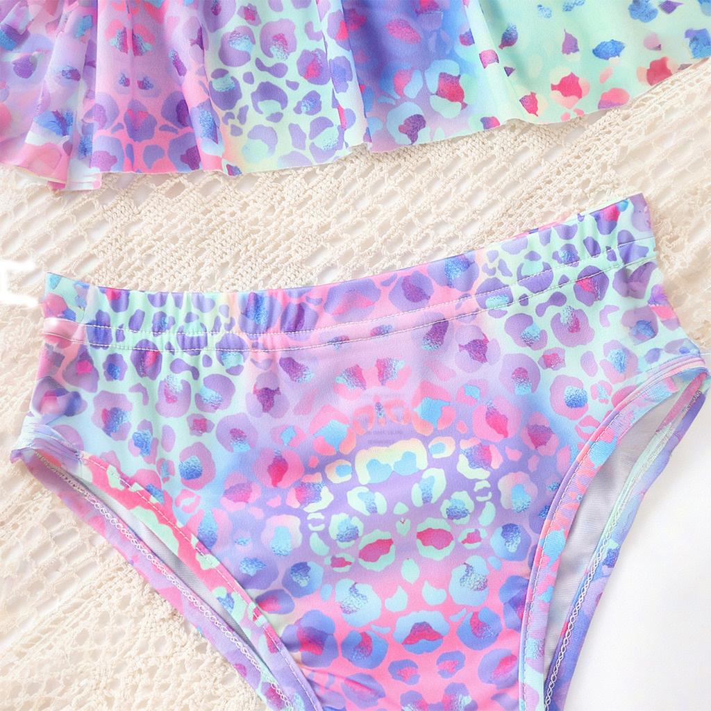 Girls Swimsuits With Ruffled Hem Cute Colorful Leopard Print Swimwear 2 Piece Bathing Suits For 4-10 Years Hawaiian Bikini Set