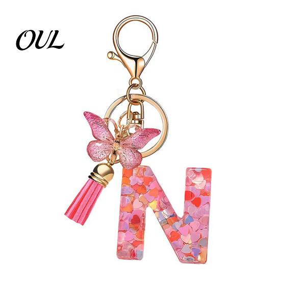 Kompaktes Schlüsselanhänger-Anhänger in Rosa-Serie, Pailletten Herz Initialen-Buchstaben-Anhänger Schlüsselkette mit tragbarem Schmetterlings-Quasten-Design, A-Z Halter für Tasche