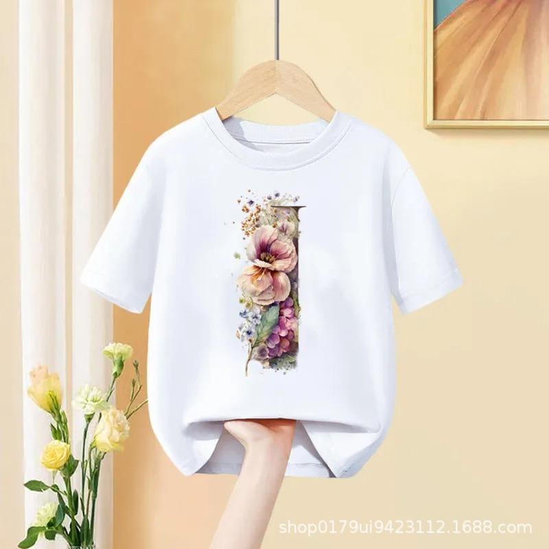 Floral AZ Kids Tshirt 26 Letters Cute ABCD Cartoon Short Sleeve Tee for Girls Summer Fashion Polyester Fabric