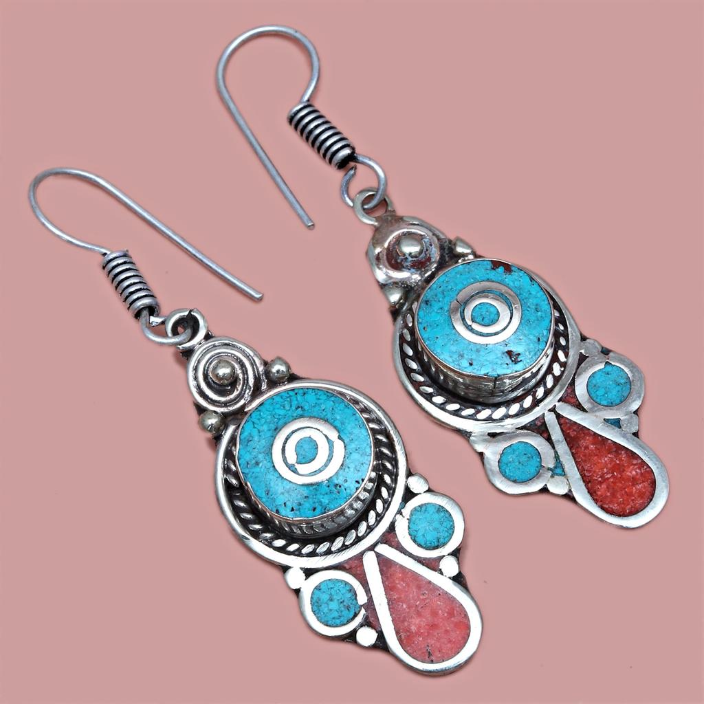 Boucles d'oreilles Tibétaines Turquoise Lapis Lazuli Népalaises Bijoux Faits Main Corail Tribal