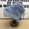 American Retro Washed Denim Bucket Hat Women's Drawstring Adjustable Metal Label Design Street Sun Hat