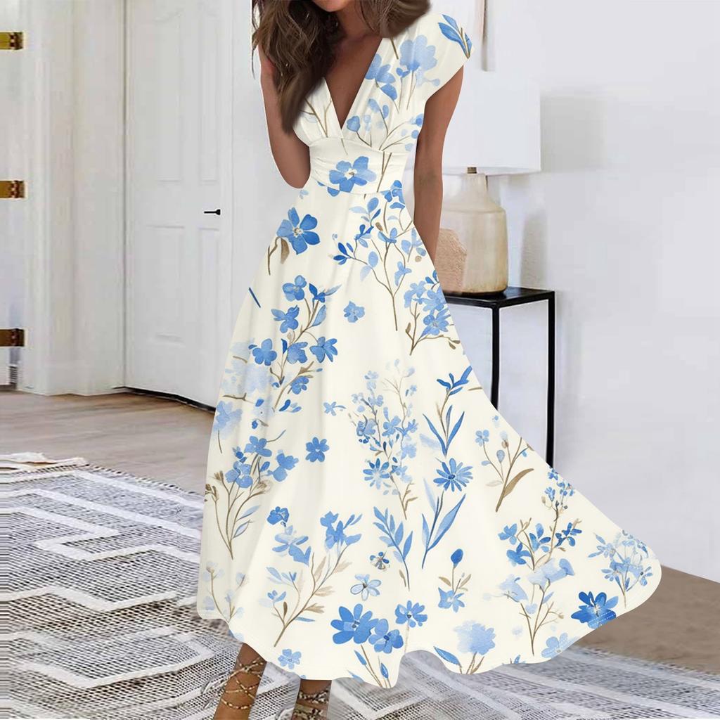 Women's Long Casual Dress Summer Short-Sleeve V-Neck Waist Retraction Printed Dress