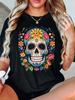 Women's Day of The Dead Floral Skull Graphic Print Casual Loose Fit Short Sleeve Crew Neck Trendy Summer T-Shirt
