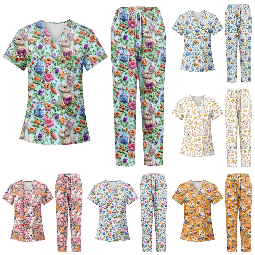 Women's Printed Uniform Work Uniform V-Neck Pocket Protective Work Uniform