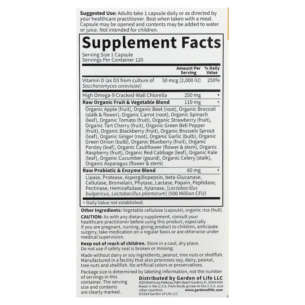 Garden of Life Vitamin Code RAW D3 50mcg (2000IU) Veggie Capsules, 120 Count