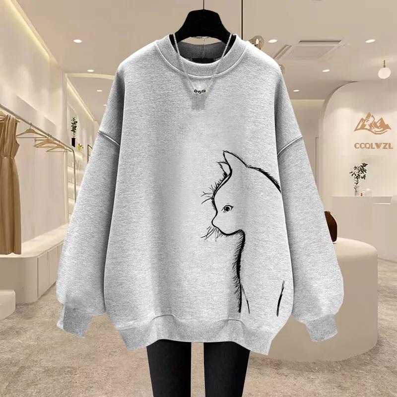 Autumn Winter Casual Printing Vintage O-neck Loose Sweatshirts Women Clothes Solid Color Long Sleeve Pullover Top