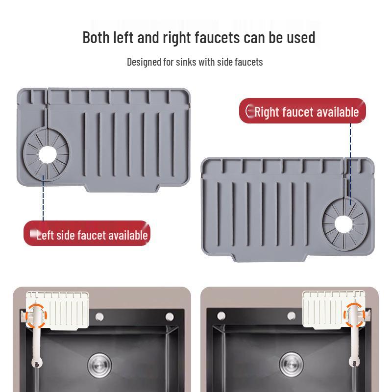 Silikonová odkapávací podložka pod baterii s bočním otvorem – Ochrana proti stříkající vodě do dřezu a podložka proti hromadění vody se spádovým odvodem.