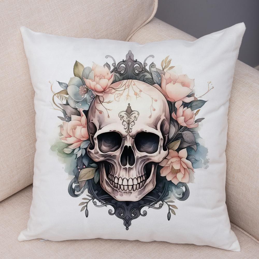 Coral Petal Skull Cushion Cover Double Print Orchid Watercolor Pillowcase Soft Plush Lavender Floral Skull Cushion Cover