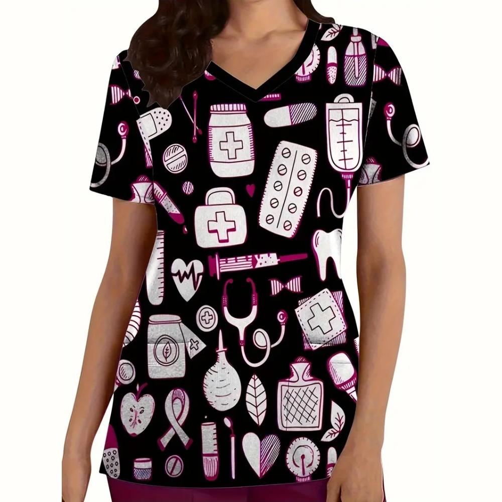 Surgical Uniforms Woman Dental Tool Patterns Health Care Scrub Uniform Fashion V-Neck Short Sleeve Tee Tops Oral Medical Clothes