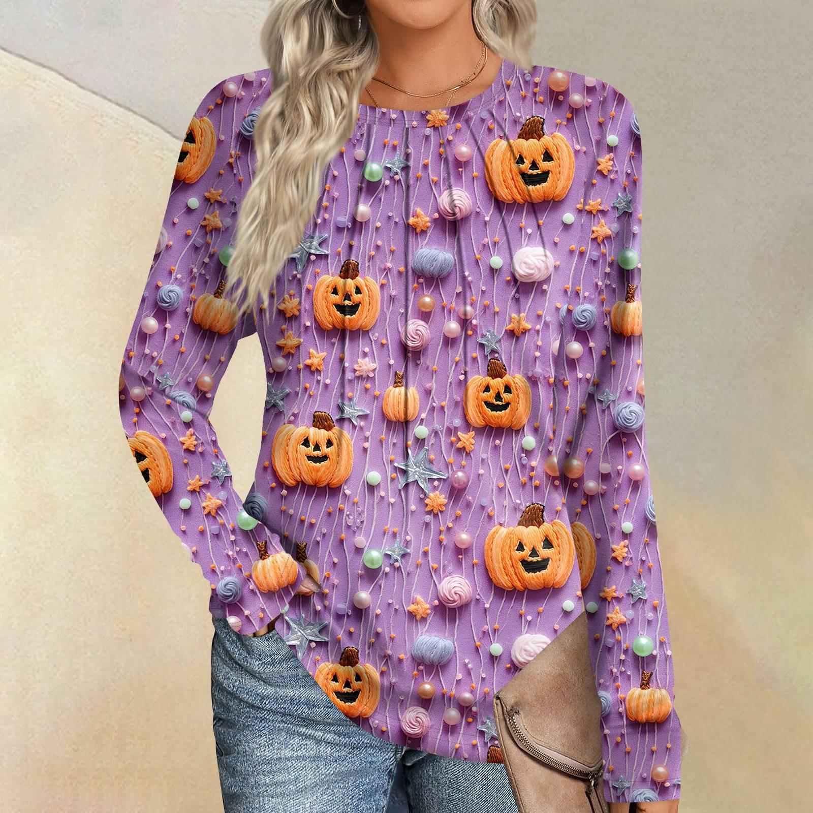 

Женская мода повседневная Хэллоуин длинный рукав круглый вырез топ XL фиолетовый