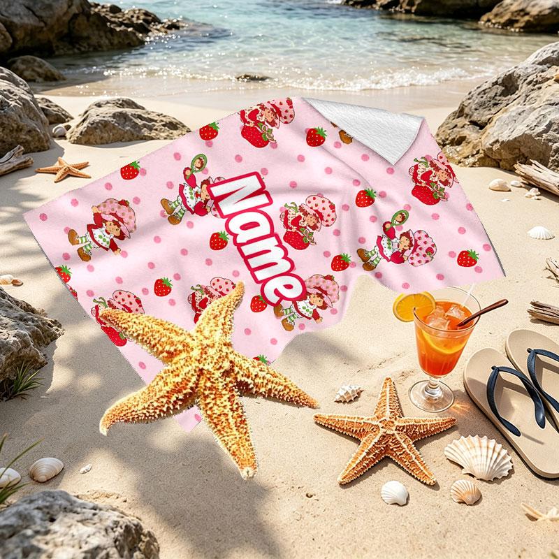 Custom Name Personalized Strawberry Shortcake Print Beach Towel, for Trip Camping Beach Party Home Decor, Birthday Gift for Family & Friends